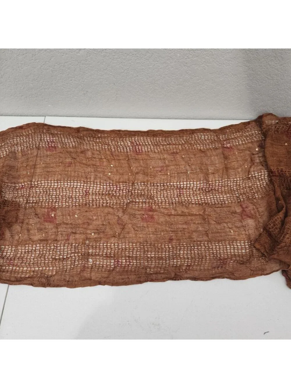 Lightweight Brown Paisley Sequin Scarf With Fringe Detail - Made In India - 100%